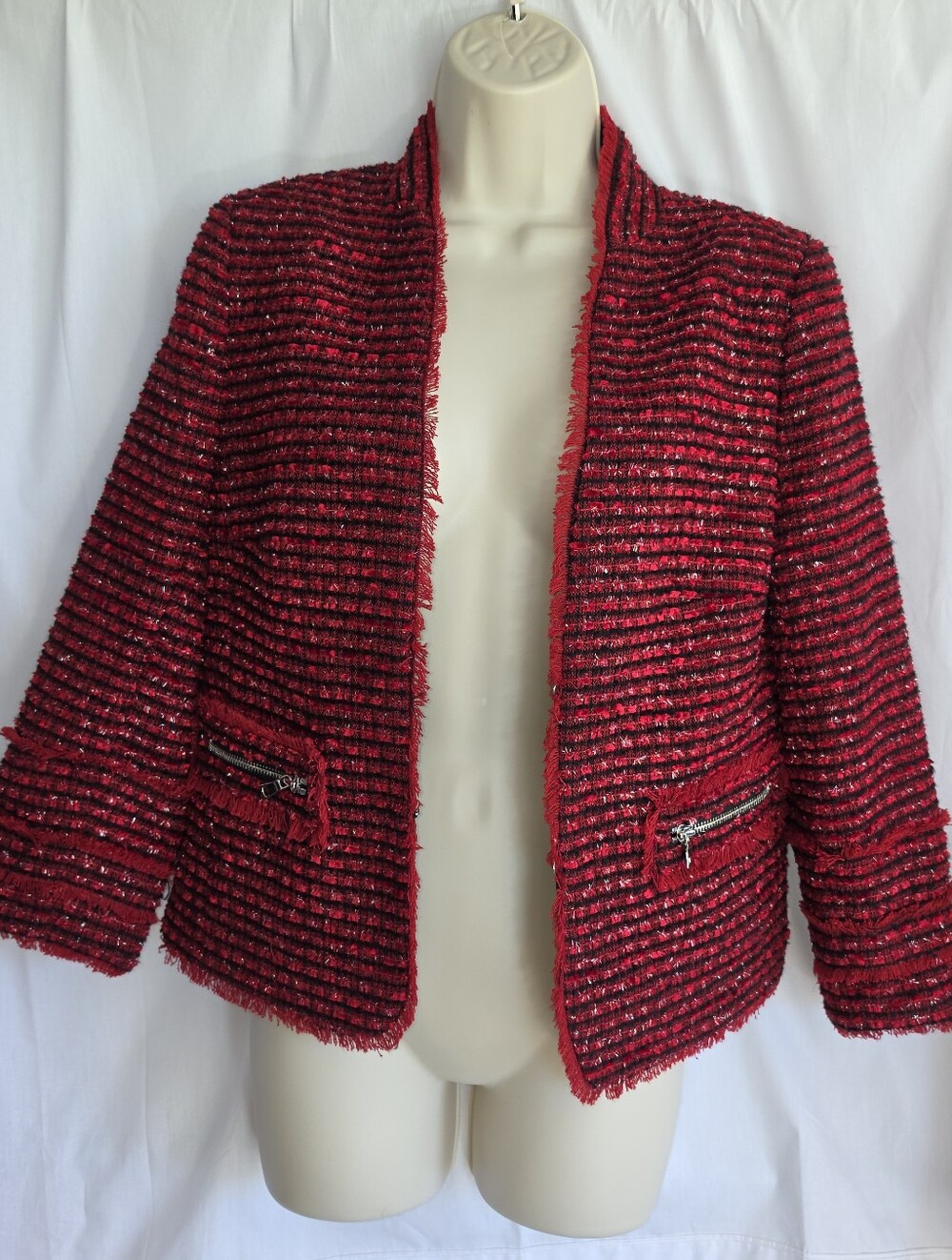 Ann Taylor | Red Metallic Tweed Fringe Blazer 4